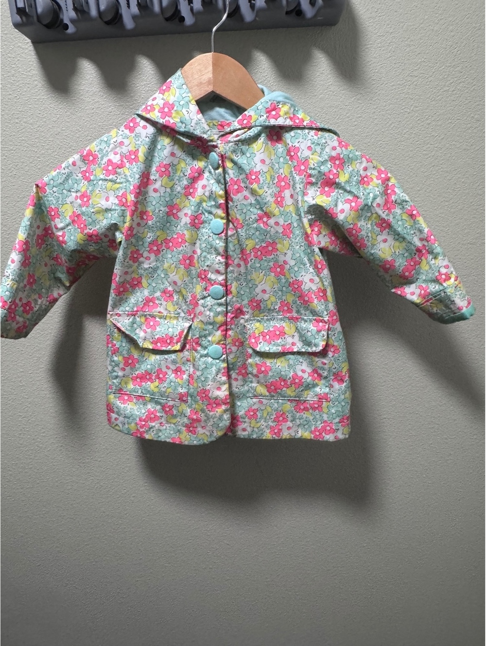 Carter’s Girls 2T Floral Rain Jacket Hooded Pink Mint Snap Front Toddler Coat
